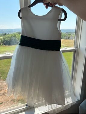 Azazie White Tulle Flower Girl Dress with Dark Green Sash
